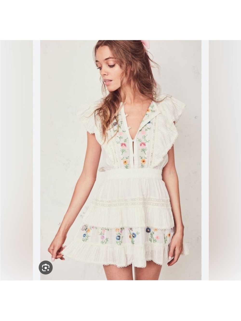 LoveShackFancy White Mini Dress with Pastel Floral Embroidery